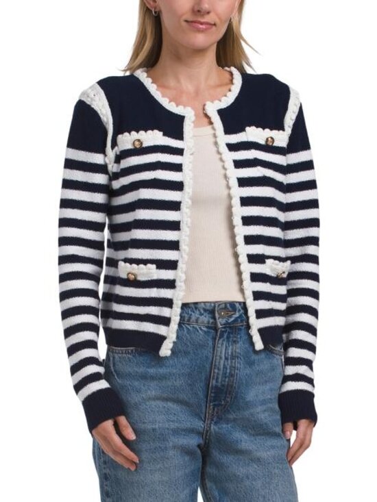T Tahari Sweaters - T TAHARI Long Sleeve Crew Neck Hook And Eye Closure Striped Cardigan